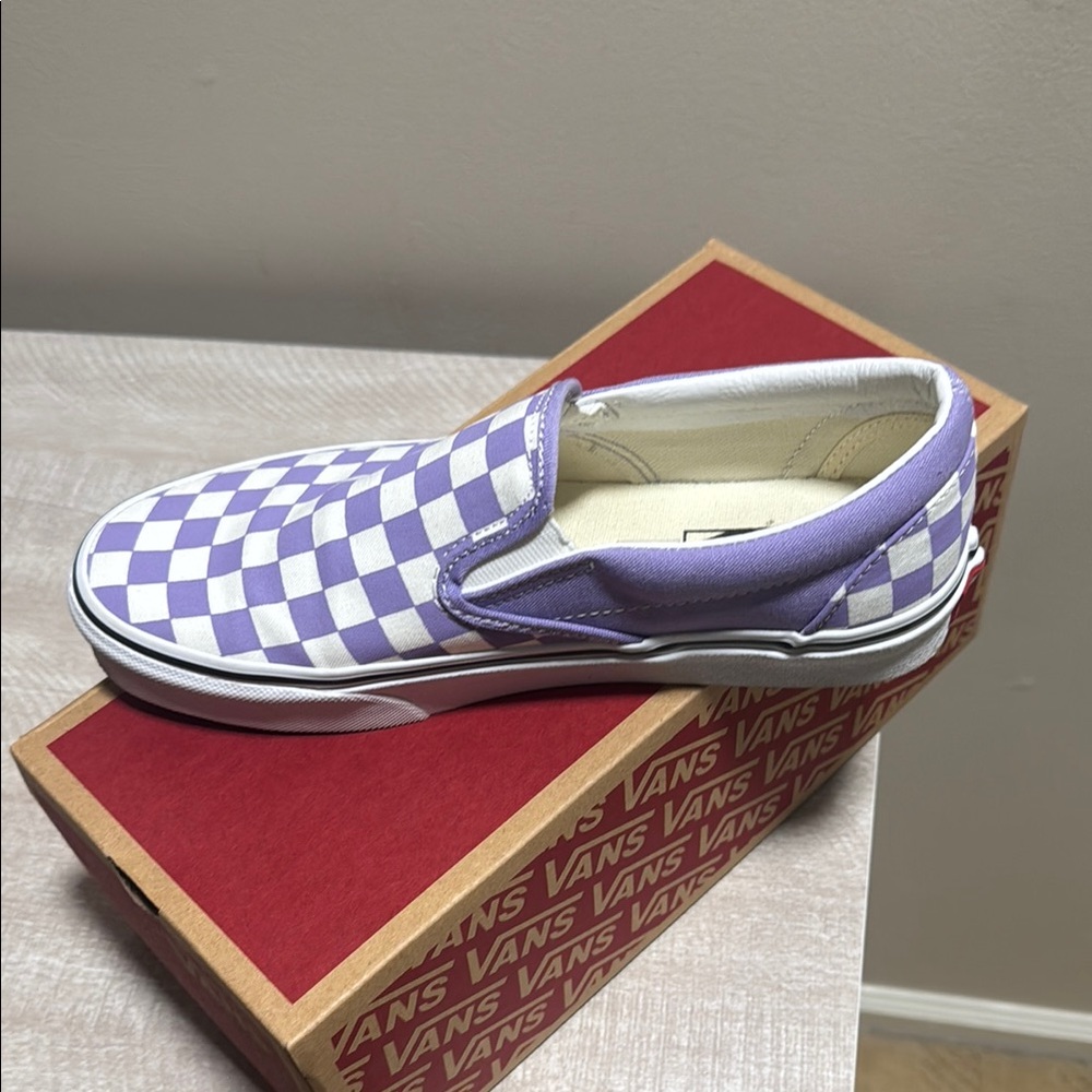 Worn once! Almost brand new- Lavender and White Checkered Slip-Ons